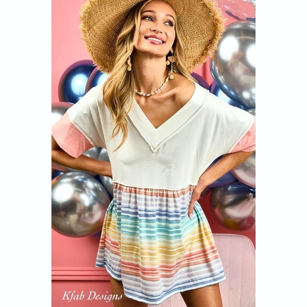 BiBi Cream Top with Pastel Rainbow Stripe Skirt